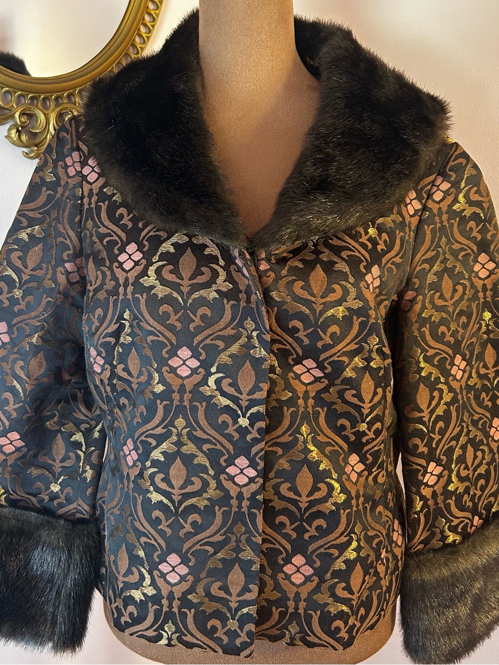 Nine West Black Brocade Jacket with Gold and Dusty Rose Accents